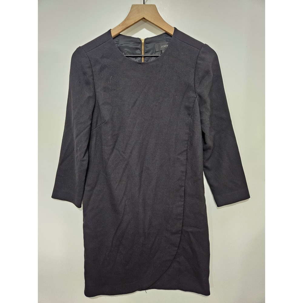 J.Crew Black Tulip Wrap Front Shift Dress Gold Back Zip 3/4 Sleeve Size 4
